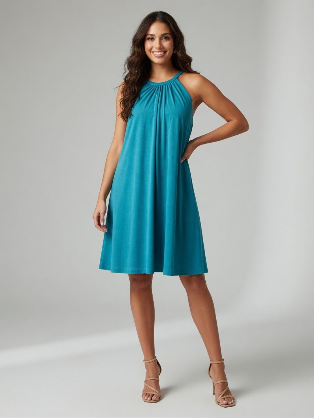 Delia & Cleo Sleeveless Teal Swing Mini Halter Dress Small